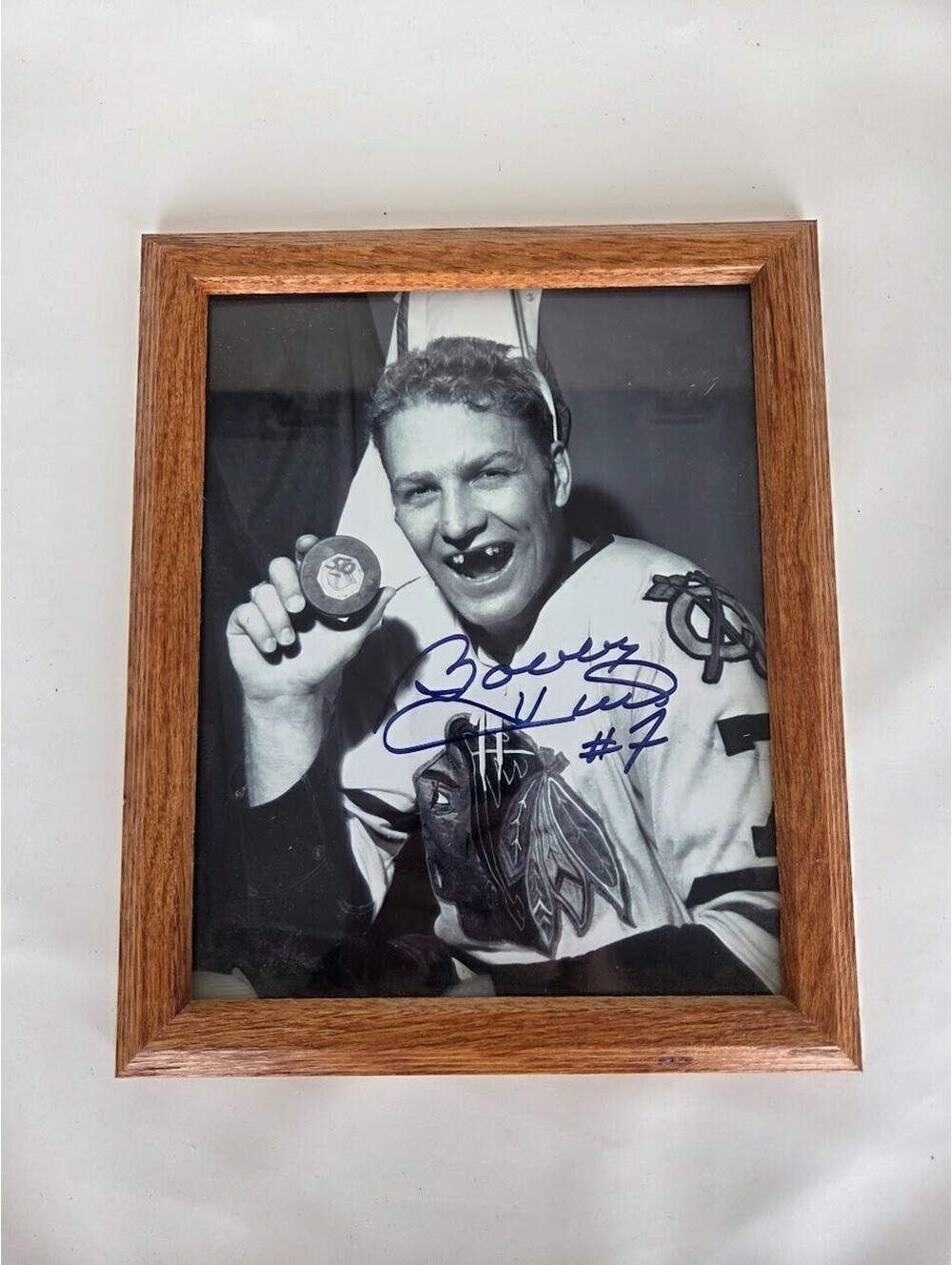 Bobby Hull Chicago Blackhawks Signed Framed Photograph Holding Hockey Puck